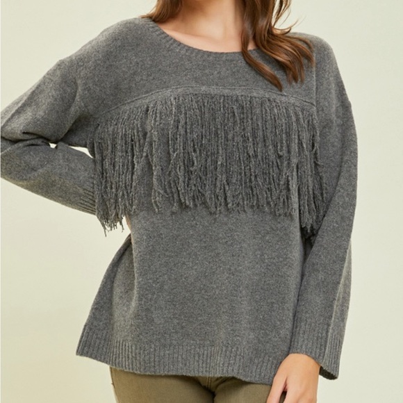 Tops - 17. Women's Wool Blend Gray Front Fringe Long Sleeve Top